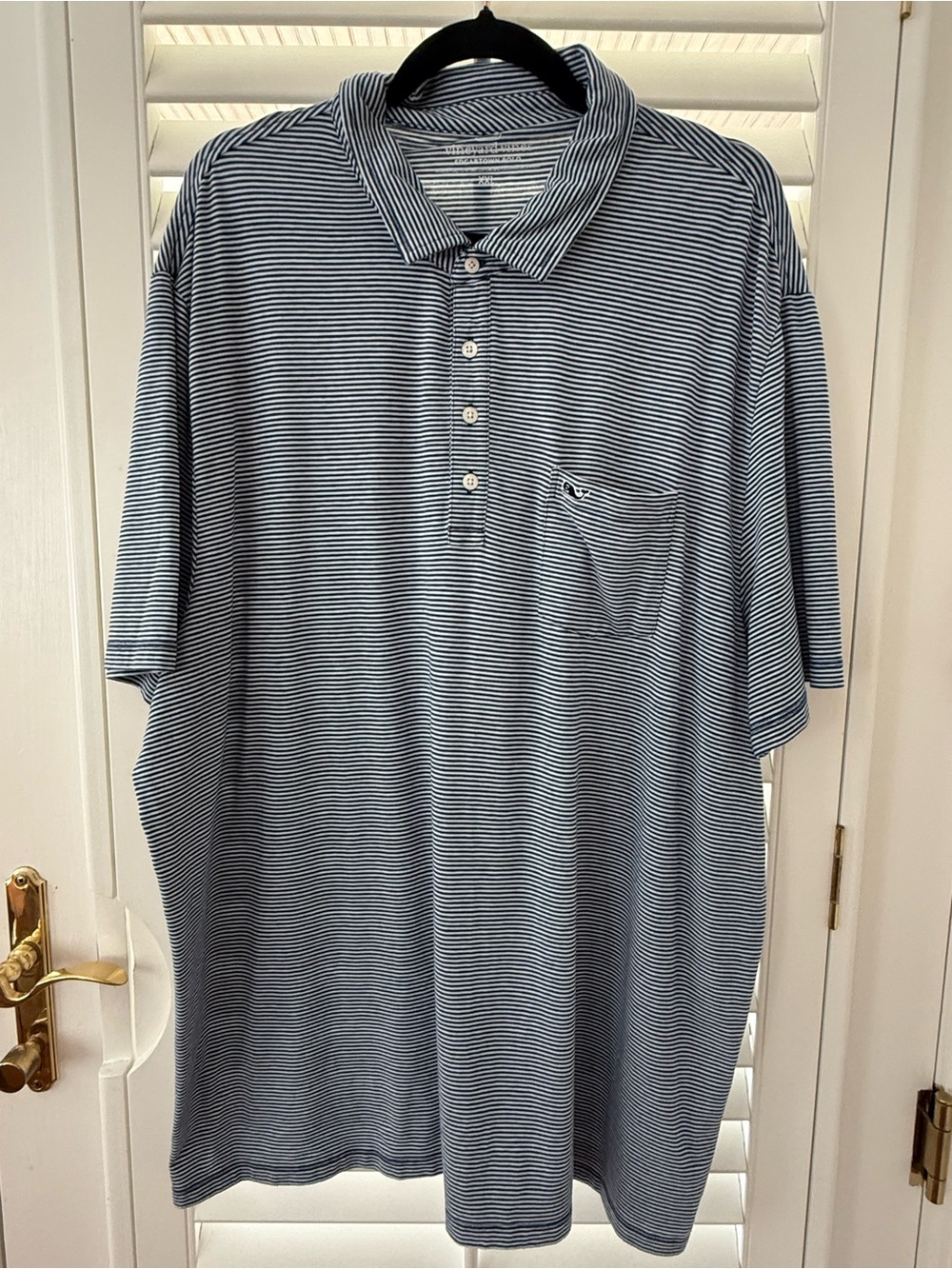 Vineyard Vines Blue and White Thin-Stripe Polo with Pocket